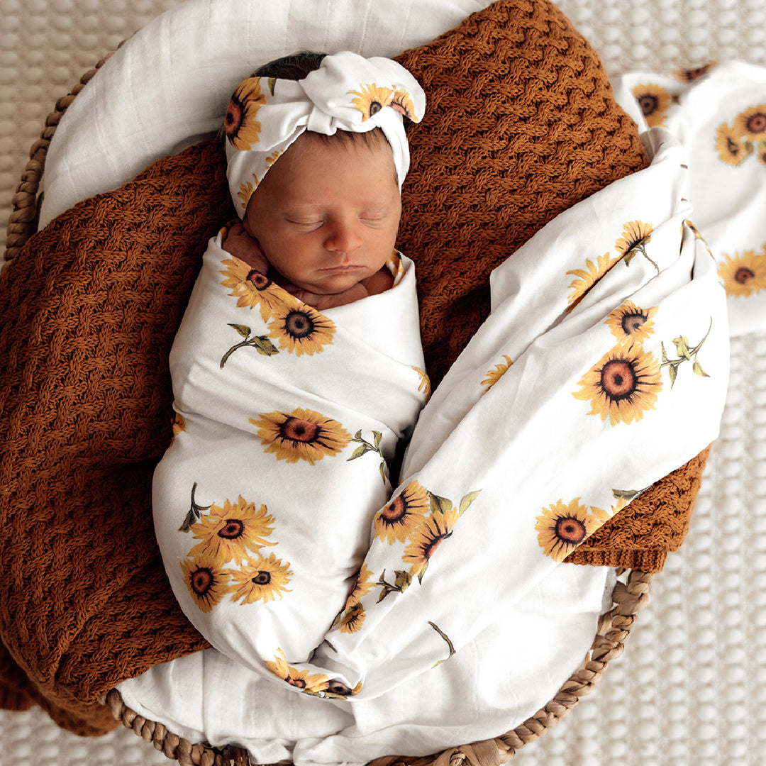 SNUGGLE HUNNY ORGANIC JERSEY WRAP AND TOPKNOT SET - SUNFLOWER