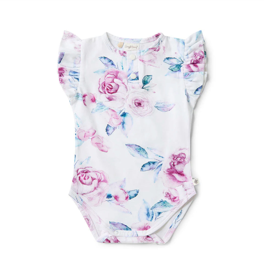 SNUGGLE HUNNY ORGANIC SHORT SLEEVE BODYSUIT WITH FRILL - LILAC SKIES