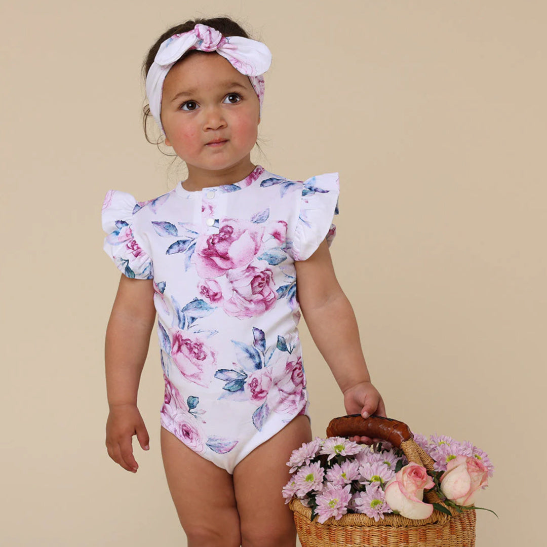 SNUGGLE HUNNY ORGANIC SHORT SLEEVE BODYSUIT WITH FRILL - LILAC SKIES