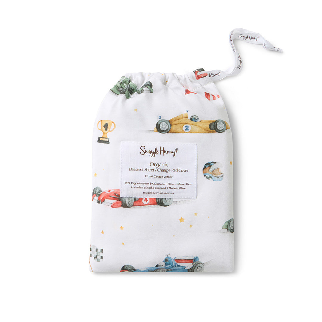 SNUGGLE HUNNY ORGANIC FITTED BASSINET SHEET / CHANGE PAD COVER - LITTLE RACERS