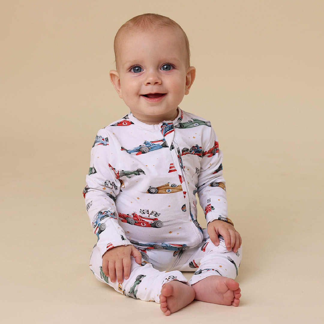 SNUGGLE HUNNY ORGANIC SNUGGLESUIT CONVERTIBLE ZIP ROMPER - LITTLE RACERS