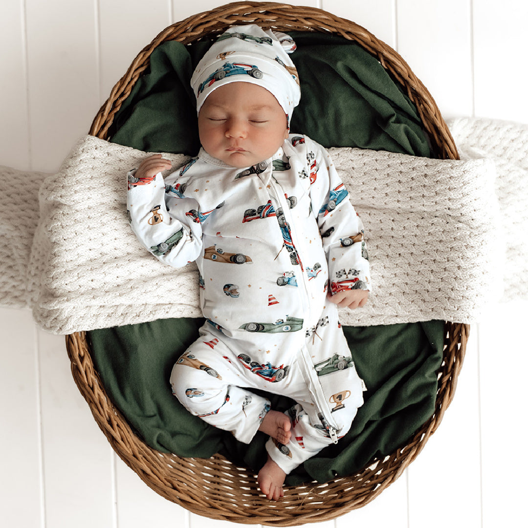 SNUGGLE HUNNY ORGANIC SNUGGLESUIT CONVERTIBLE ZIP ROMPER - LITTLE RACERS
