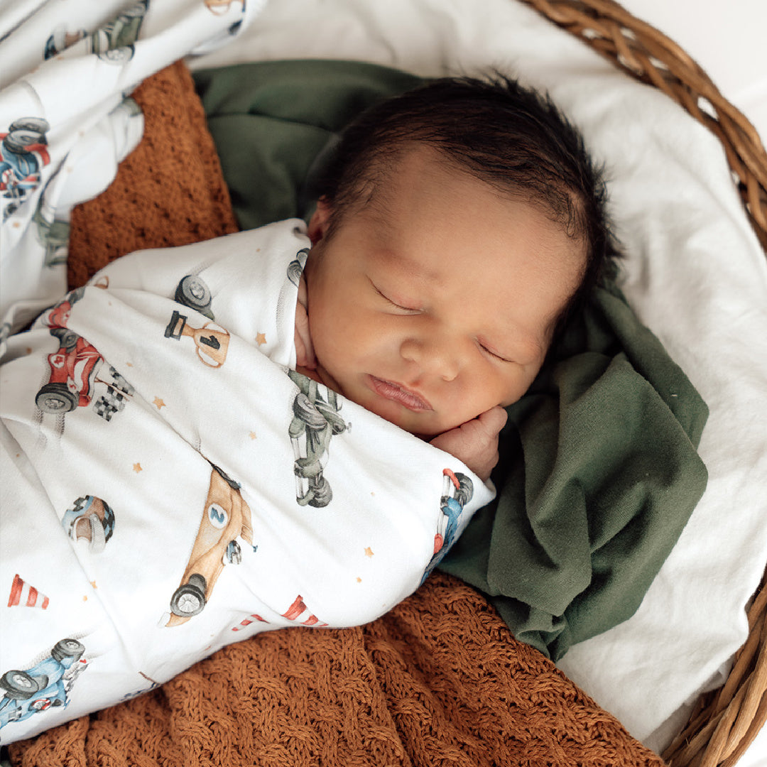 SNUGGLE HUNNY ORGANIC JERSEY WRAP AND BEANIE SET - LITTLE RACERS