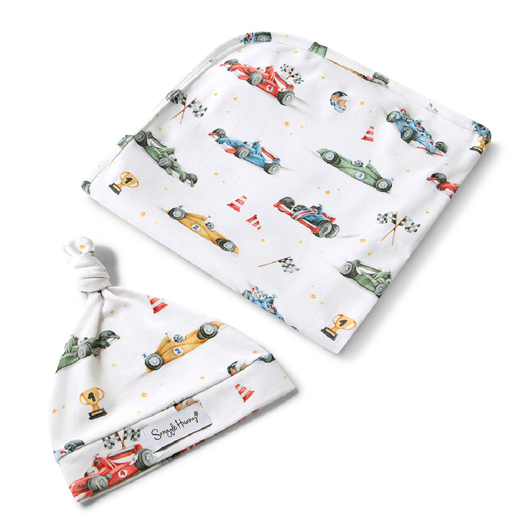 SNUGGLE HUNNY ORGANIC JERSEY WRAP AND BEANIE SET - LITTLE RACERS