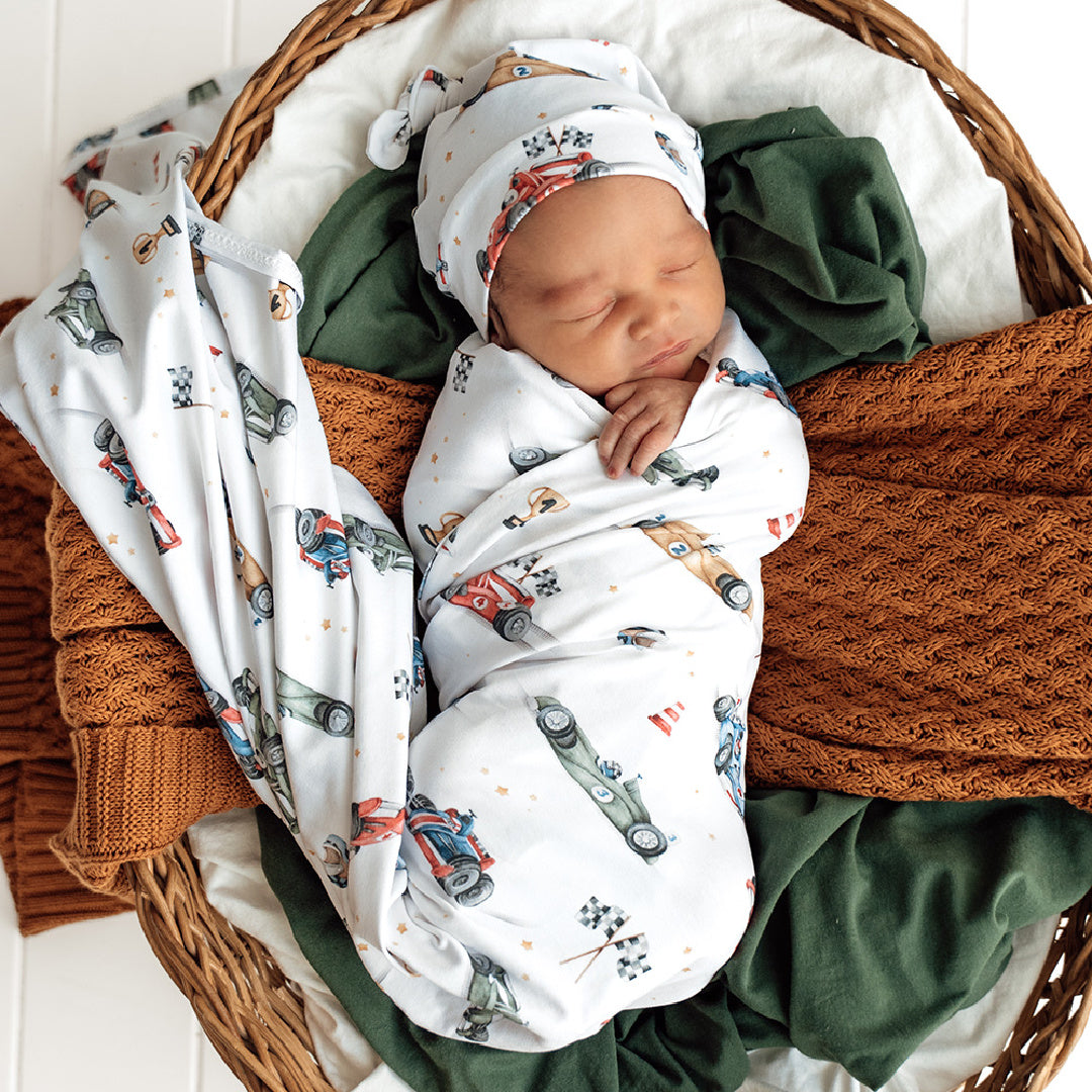 SNUGGLE HUNNY ORGANIC JERSEY WRAP AND BEANIE SET - LITTLE RACERS