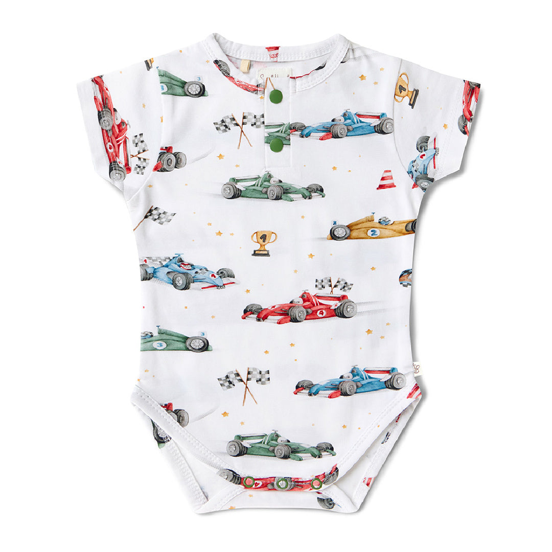 SNUGGLE HUNNY ORGANIC SHORT SLEEVE BODYSUIT - LITTLE RACERS