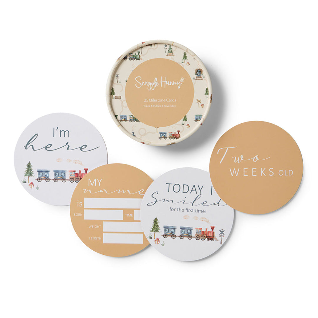 SNUGGLE HUNNY REVERSIBLE MILESTONE CARDS - TRAINS &amp; PEBBLE