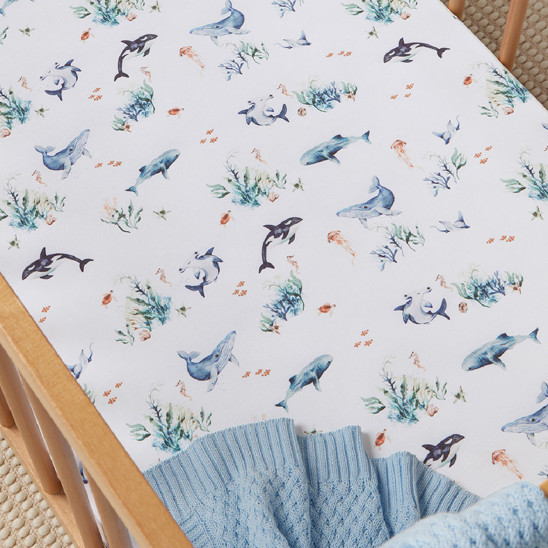 SNUGGLE HUNNY ORGANIC FITTED COT SHEET - OCEAN