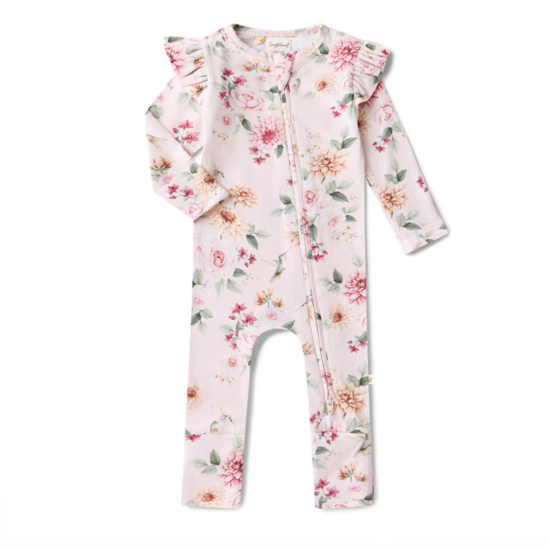 SNUGGLE HUNNY ORGANIC SNUGGLESUIT CONVERTIBLE ZIP ROMPER WITH FRILL -  BIRDS & BLOOMS