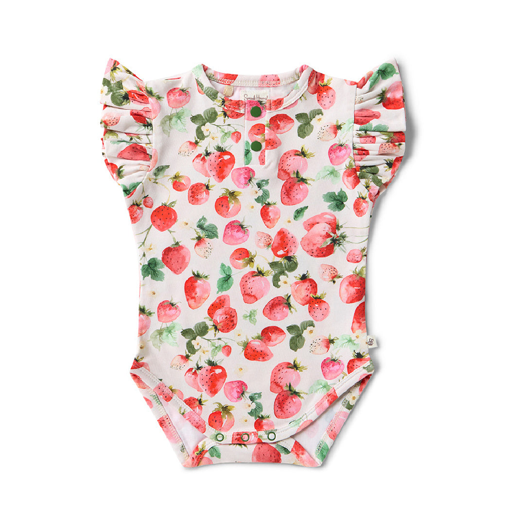 SNUGGLE HUNNY ORGANIC SHORT SLEEVE BODYSUIT WITH FRILL - STRAWBERRY