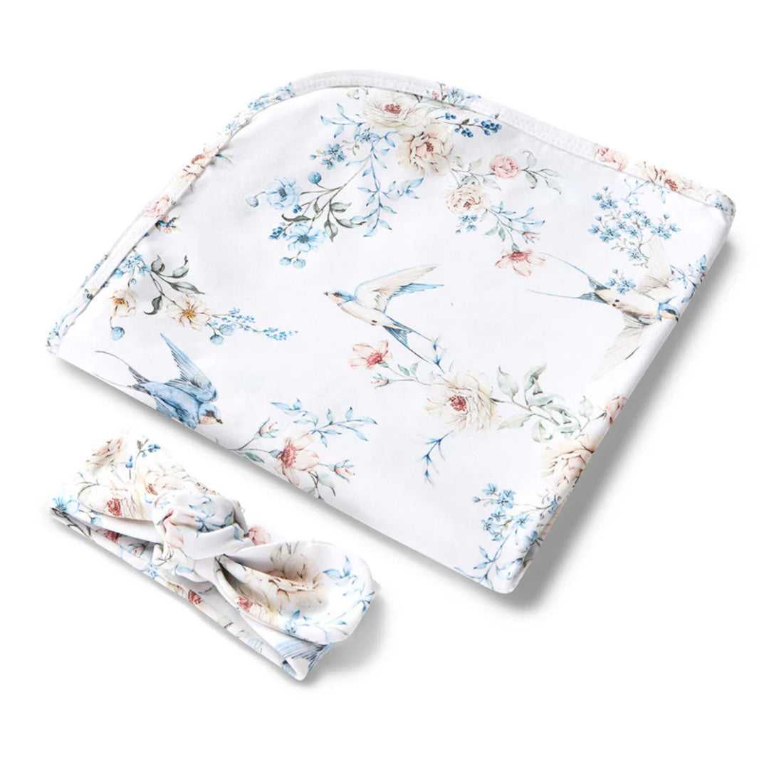 SNUGGLE HUNNY ORGANIC JERSEY WRAP AND TOPKNOT SET - SWEET SWALLOWS