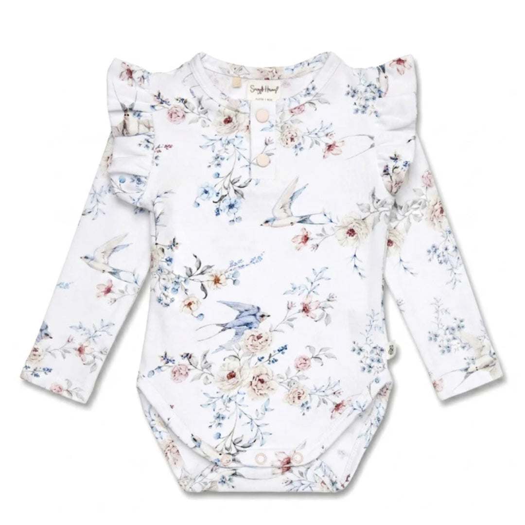 SNUGGLE HUNNY ORGANIC LONG SLEEVE BODYSUIT WITH FRILL - SWEET SWALLOWS