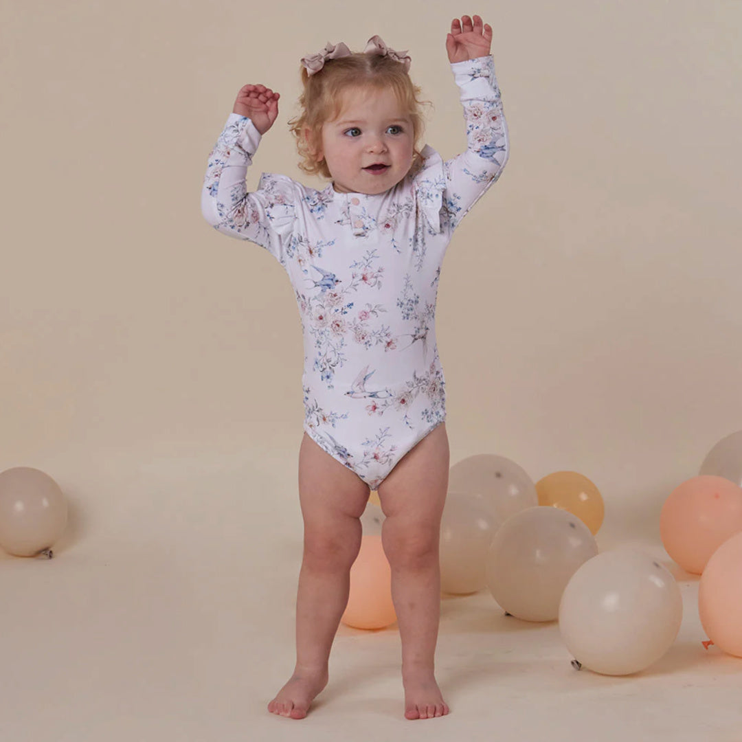 SNUGGLE HUNNY ORGANIC LONG SLEEVE BODYSUIT WITH FRILL - SWEET SWALLOWS