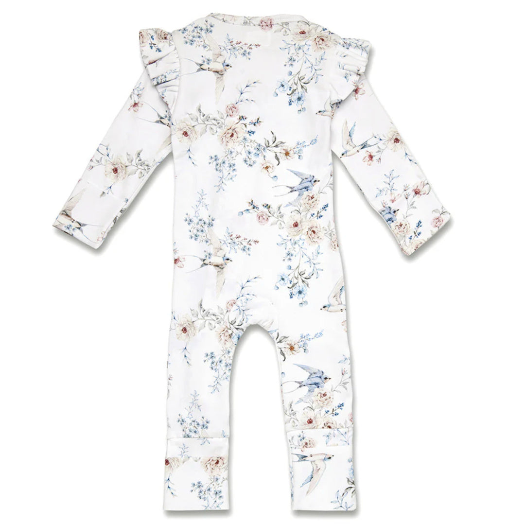 SNUGGLE HUNNY ORGANIC SNUGGLESUIT CONVERTIBLE ZIP ROMPER WITH FRILL -  SWEET SWALLOWS
