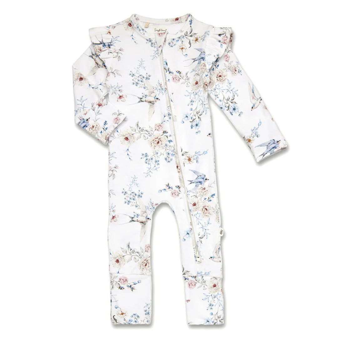 SNUGGLE HUNNY ORGANIC SNUGGLESUIT CONVERTIBLE ZIP ROMPER WITH FRILL -  SWEET SWALLOWS