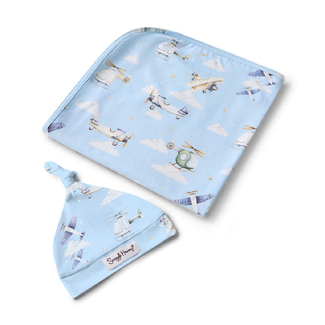 SNUGGLE HUNNY ORGANIC JERSEY WRAP AND BEANIE SET - TAKING FLIGHT