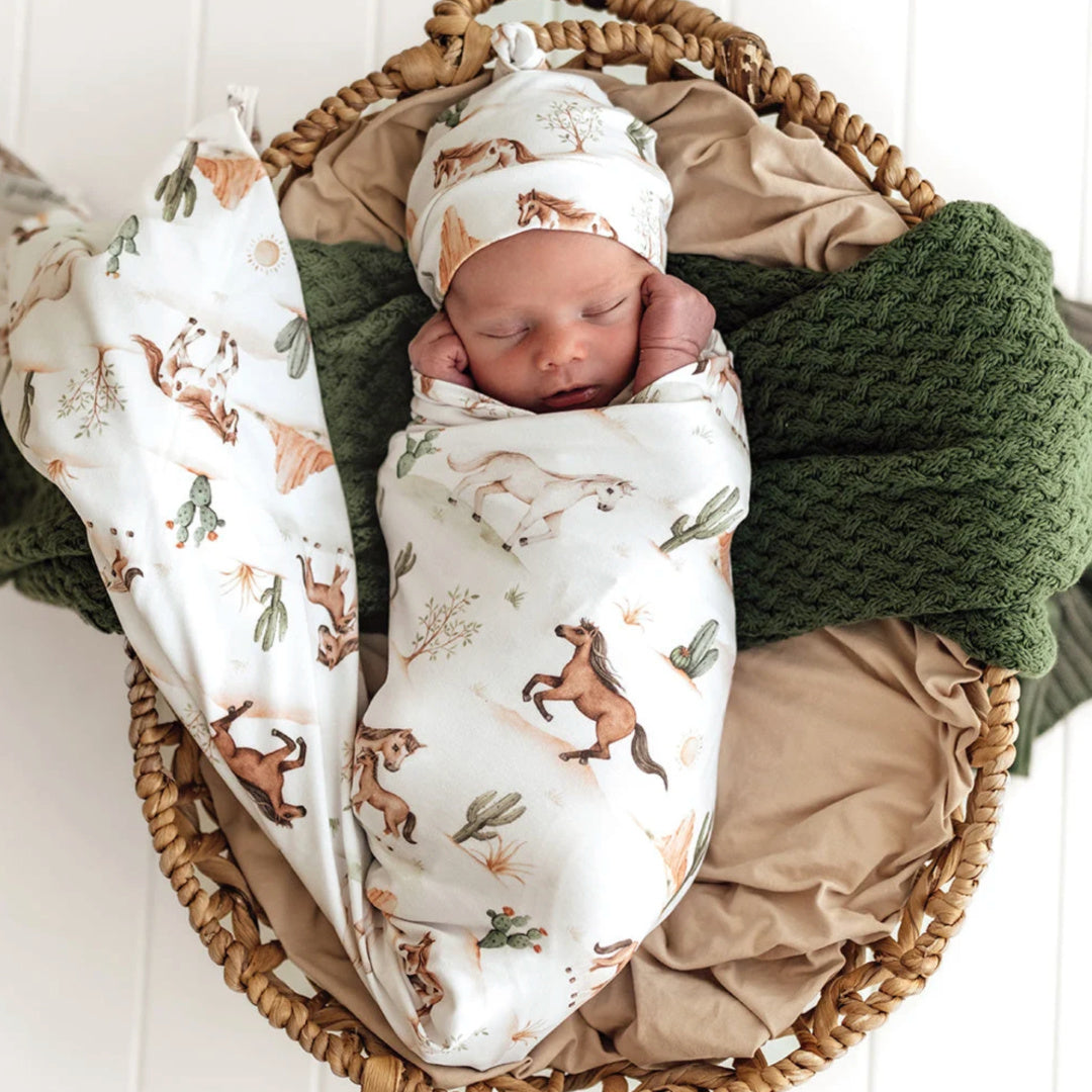 Snuggle Hunny Wild Horses Organic Jersey Wrap &amp; Beanie Set
