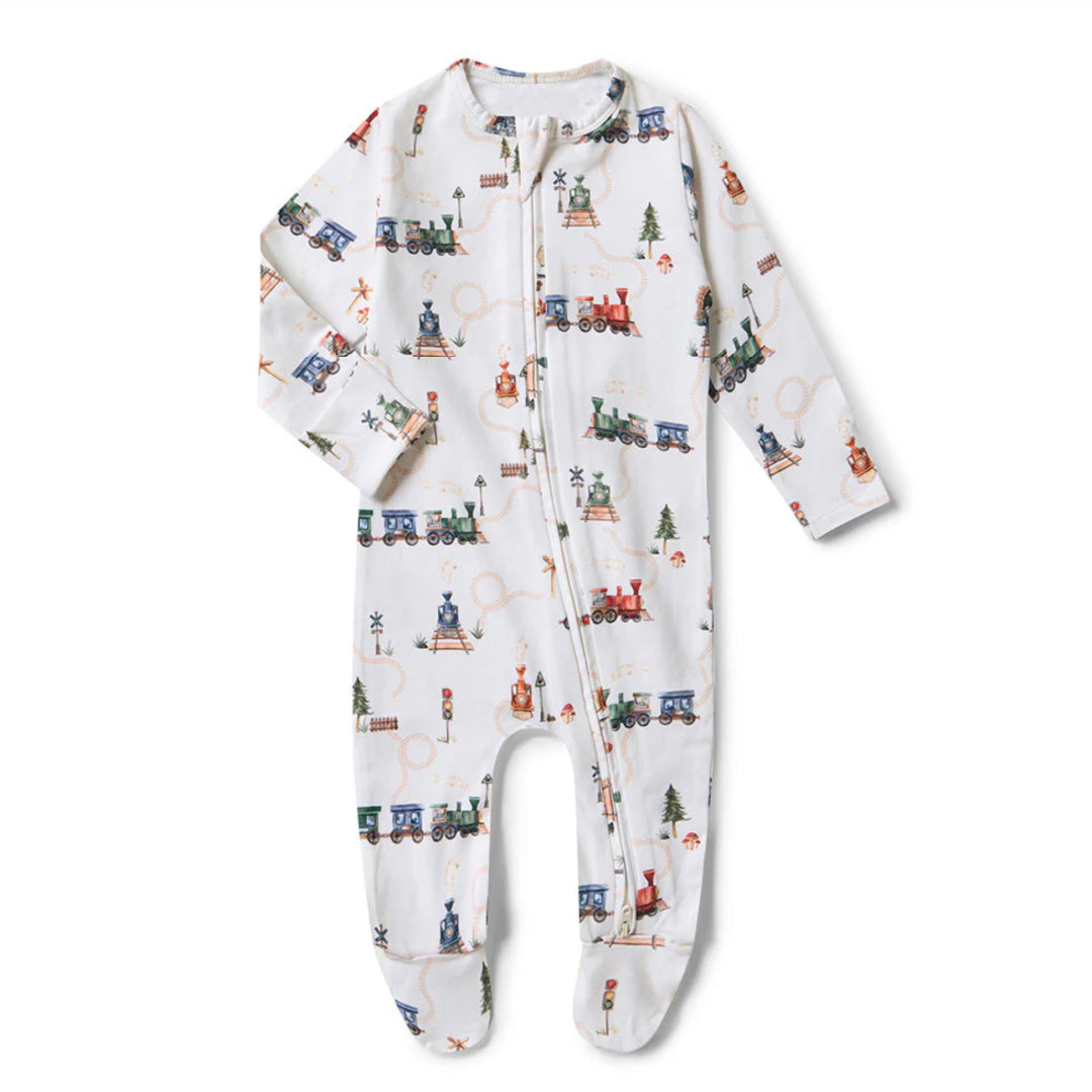 SNUGGLE HUNNY ORGANIC SNUGGLE SLEEPSUIT ZIP FOOTIE - TRAINS