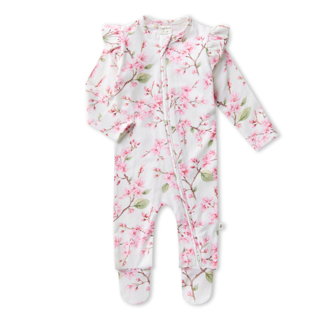 SNUGGLE HUNNY ORGANIC SNUGGLE SLEEPSUIT ZIP FOOTIE WITH FRILL - CHERRY BLOSSOM