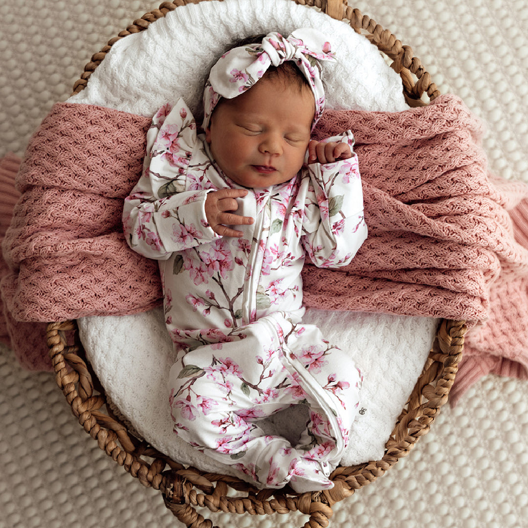 SNUGGLE HUNNY ORGANIC SNUGGLE SLEEPSUIT ZIP FOOTIE WITH FRILL - CHERRY BLOSSOM