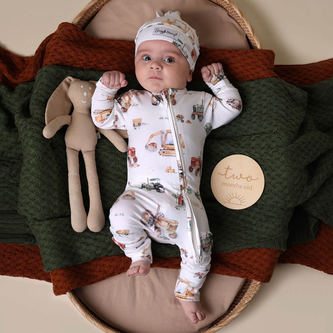 SNUGGLE HUNNY ORGANIC SNUGGLESUIT CONVERTIBLE ZIP ROMPER - DIGGERS &amp; TRACTORS