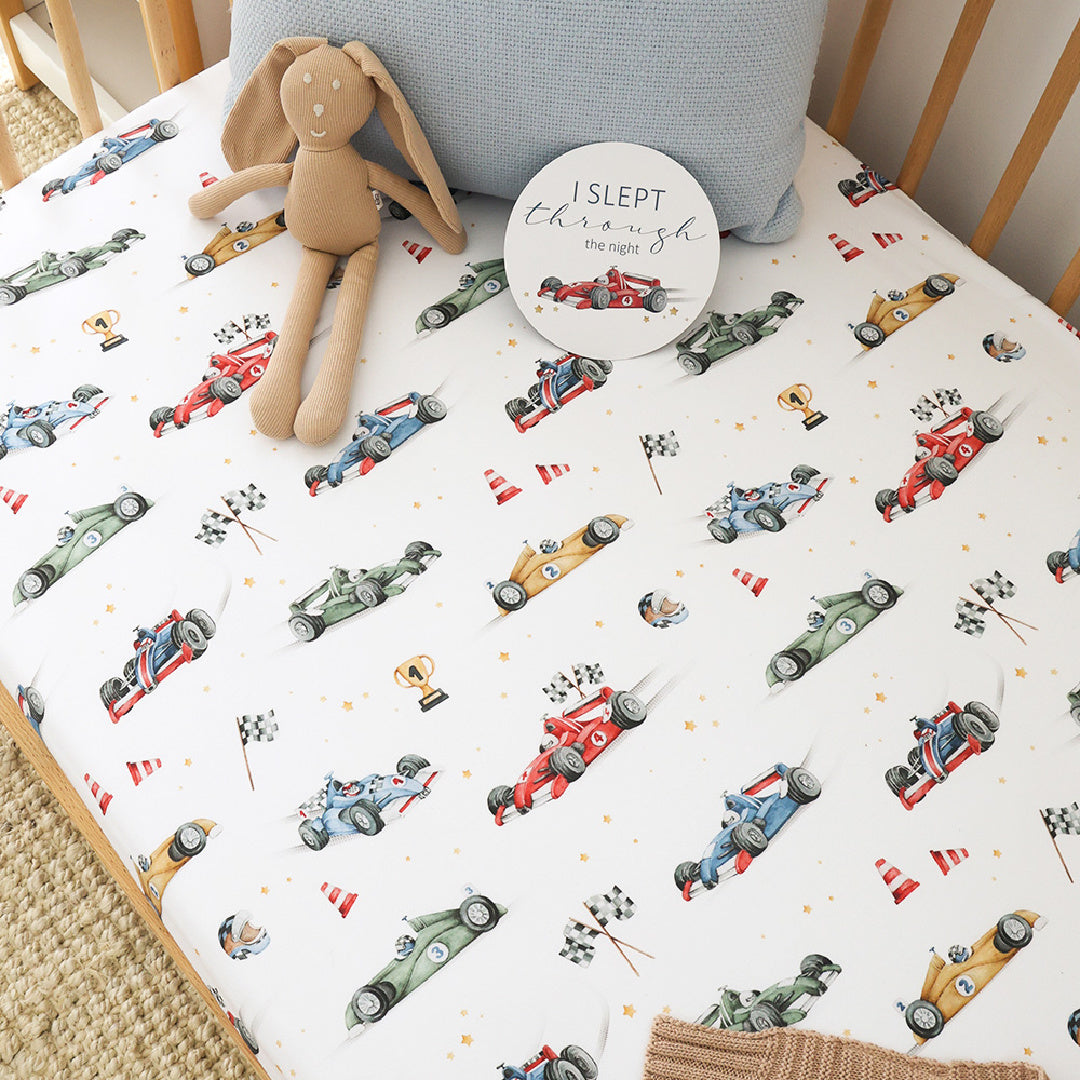 SNUGGLE HUNNY ORGANIC FITTED COT SHEET - LITTLE RACERS