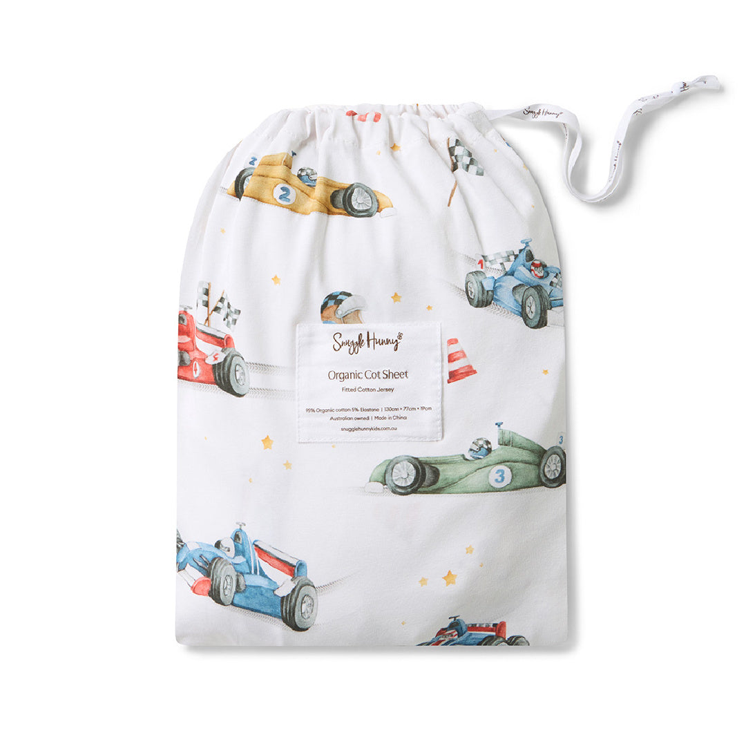 SNUGGLE HUNNY ORGANIC FITTED COT SHEET - LITTLE RACERS