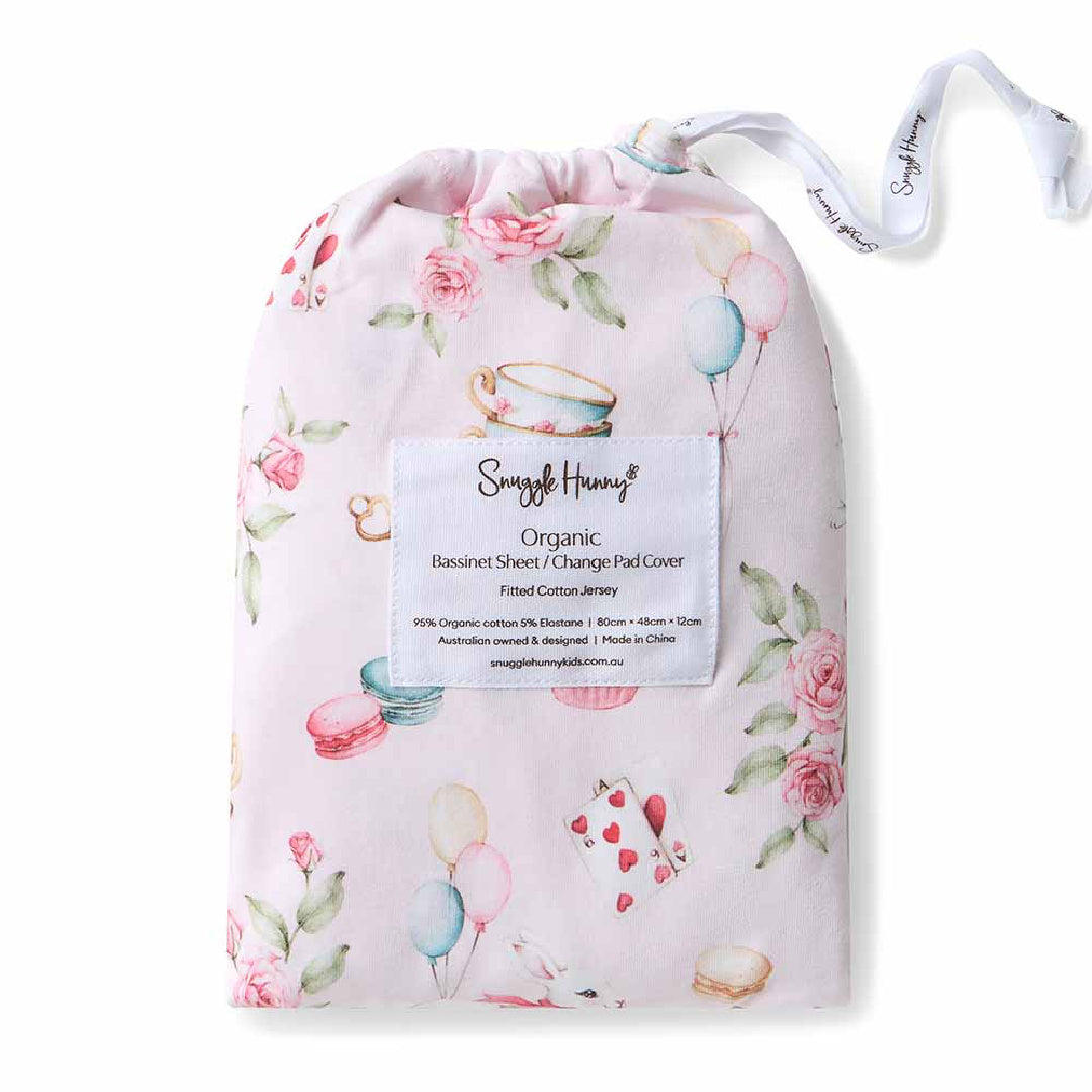 SNUGGLE HUNNY ORGANIC FITTED BASSINET SHEET / CHANGE PAD COVER - ALICE&#39;S TEA PARTY