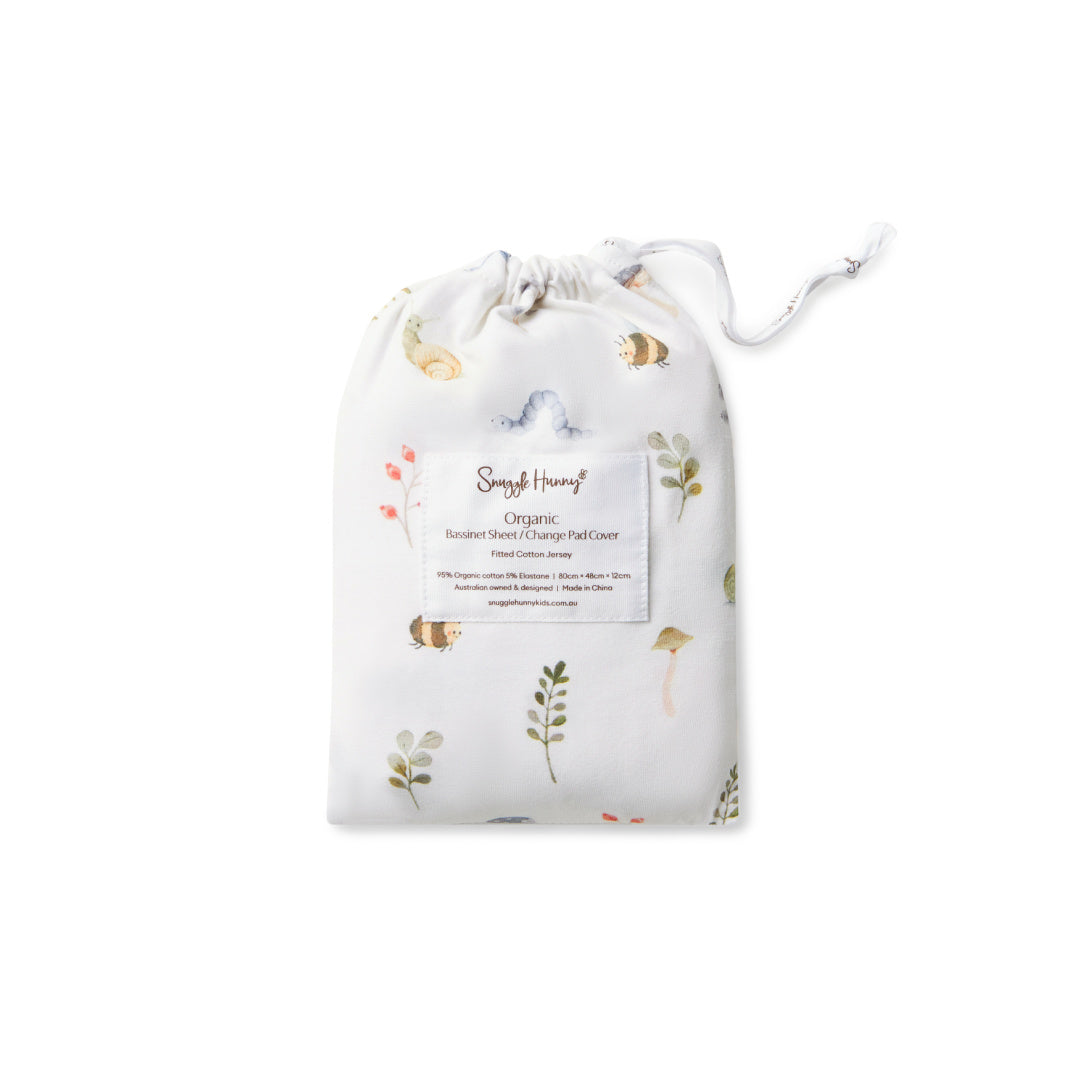 SNUGGLE HUNNY ORGANIC FITTED BASSINET SHEET / CHANGE PAD COVER - GARDEN FRIENDS