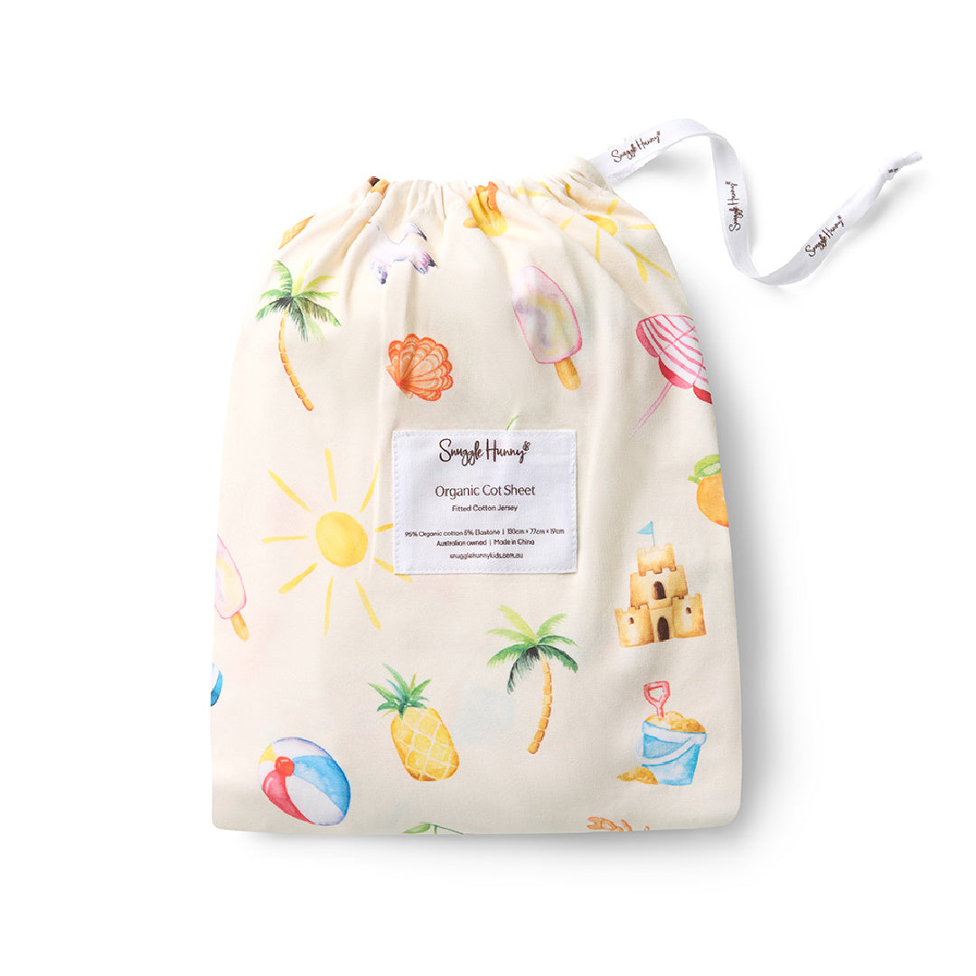 SNUGGLE HUNNY ORGANIC FITTED COT SHEET - BEACH FUN
