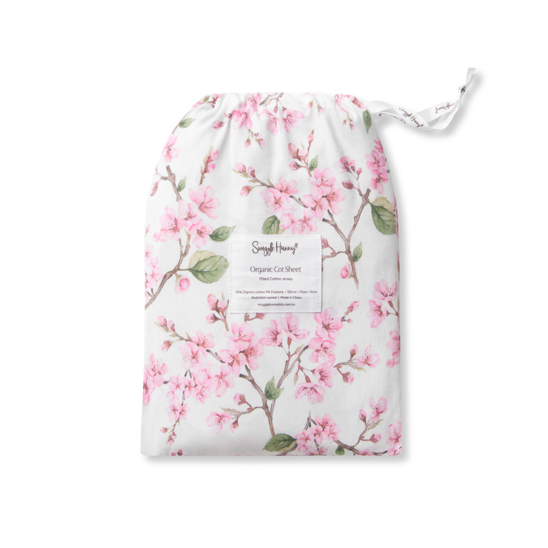 SNUGGLE HUNNY ORGANIC FITTED COT SHEET - CHERRY BLOSSOM