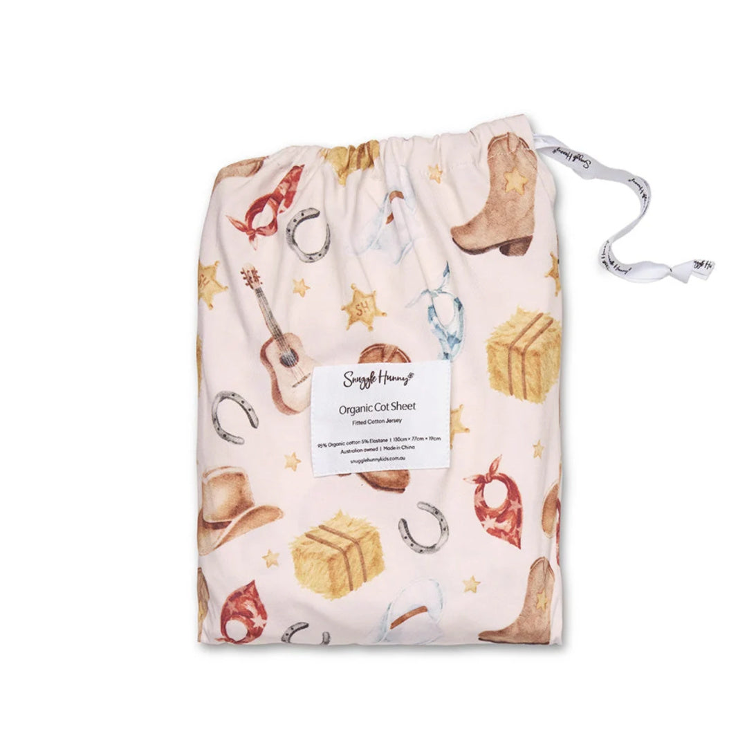 SNUGGLE HUNNY ORGANIC FITTED COT SHEET - COWBOYS