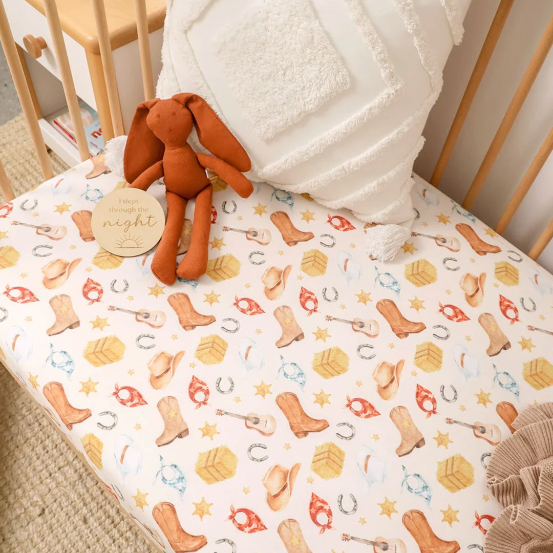 SNUGGLE HUNNY ORGANIC FITTED COT SHEET - COWBOYS