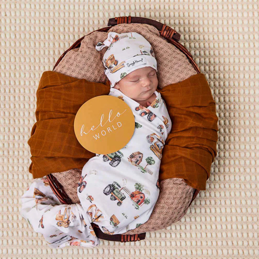 SNUGGLE HUNNY ORGANIC JERSEY WRAP AND BEANIE SET - DIGGERS &amp; TRACTORS