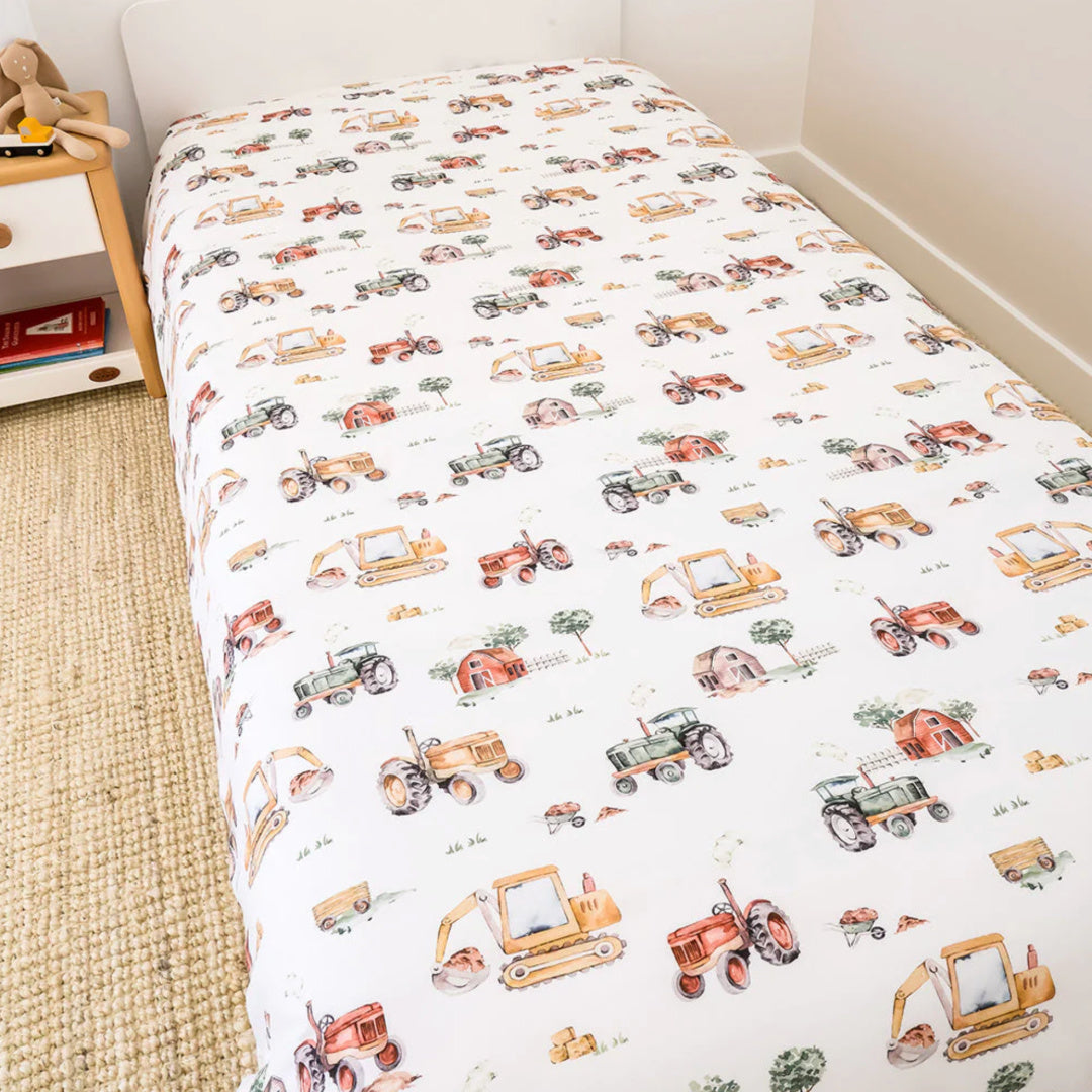 SNUGGLE HUNNY ORGANIC COTTON SINGLE BED QUILT COVER - DIGGERS &amp; TRACTORS