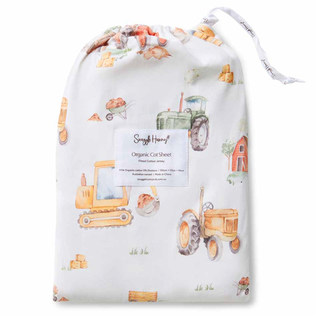 SNUGGLE HUNNY ORGANIC FITTED COT SHEET - DIGGERS &amp; TRACTORS