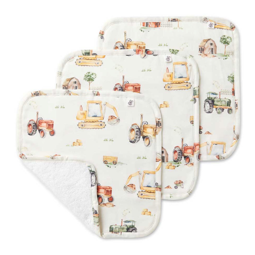 SNUGGLE HUNNY ORGANIC WASHCLOTHS | 3 PACK - DIGGERS &amp; TRACTORS