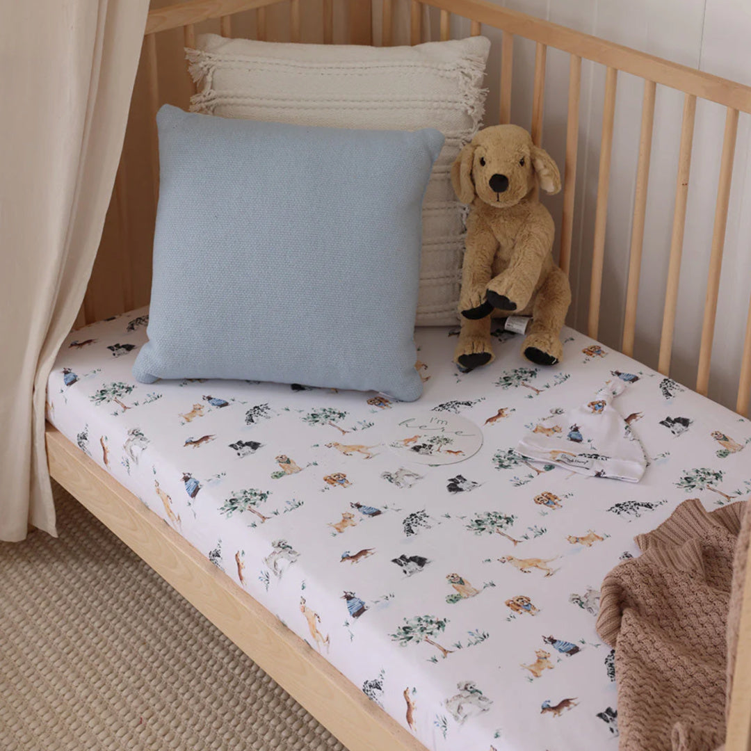 SNUGGLE HUNNY ORGANIC FITTED COT SHEET - DOG PARK