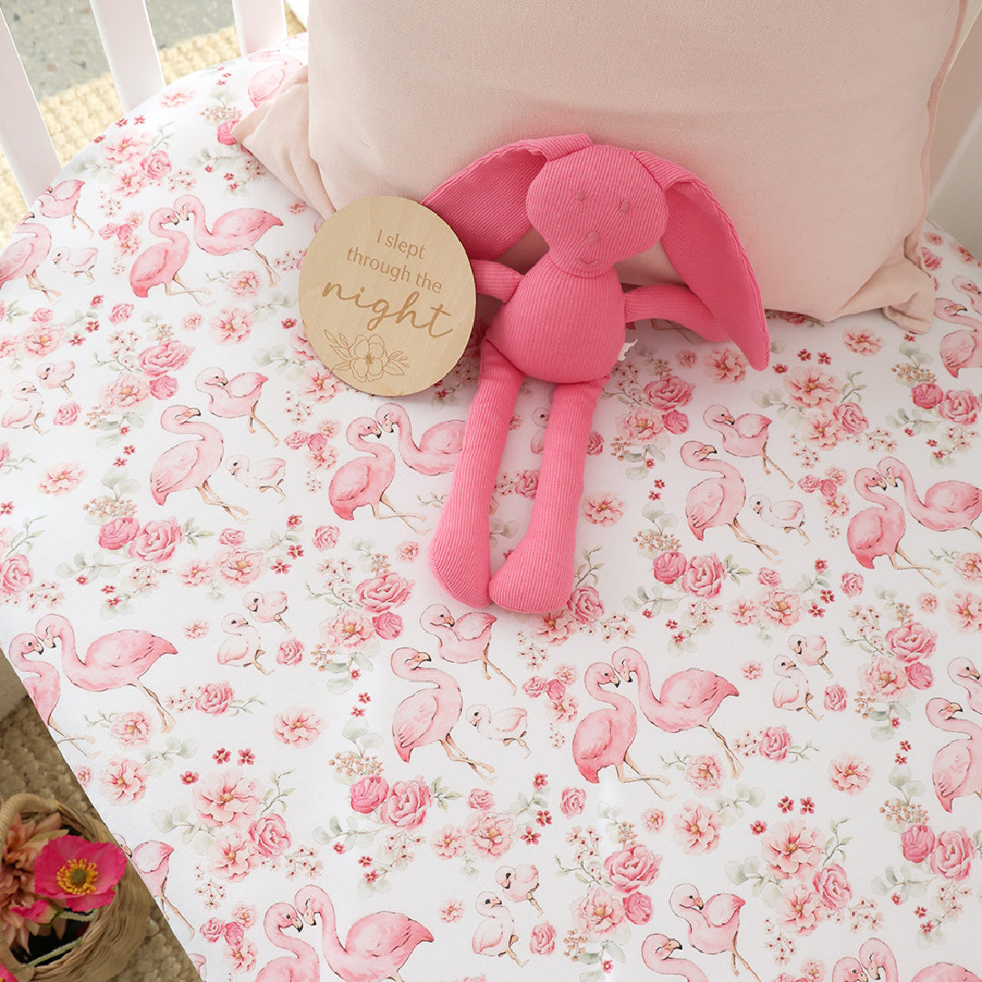 SNUGGLE HUNNY ORGANIC FITTED COT SHEET - FLAMINGOS