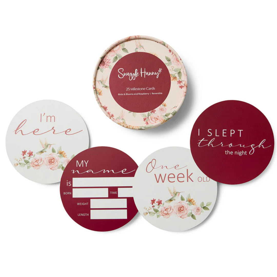 SNUGGLE HUNNY REVERSIBLE MILESTONE CARDS - BIRDS & BLOOMS / RASPBERRY