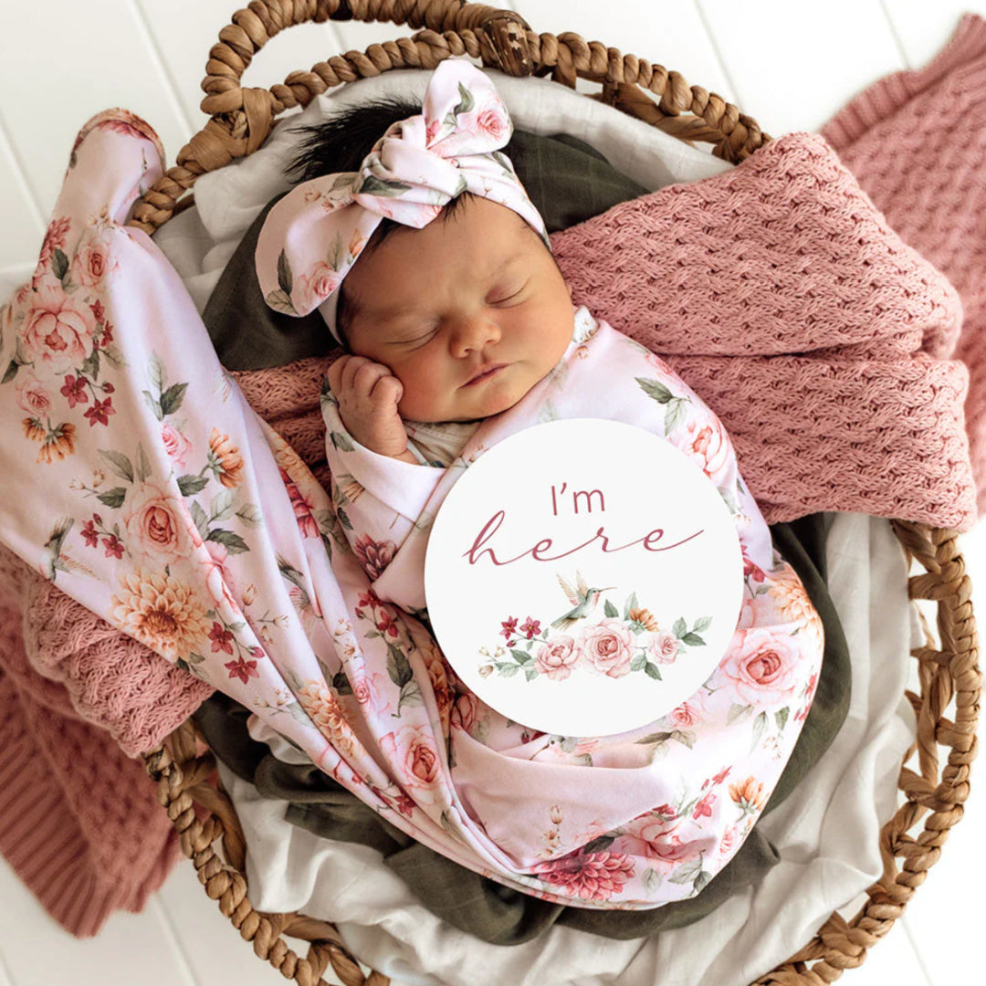 SNUGGLE HUNNY REVERSIBLE MILESTONE CARDS - BIRDS &amp; BLOOMS / RASPBERRY