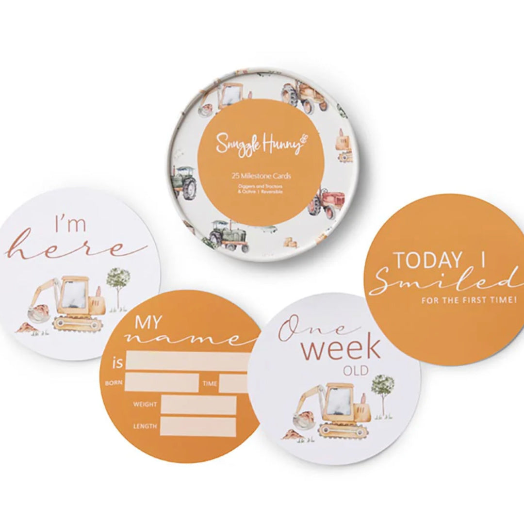 SNUGGLE HUNNY REVERSIBLE MILESTONE CARDS - DIGGERS AND TRACTORS