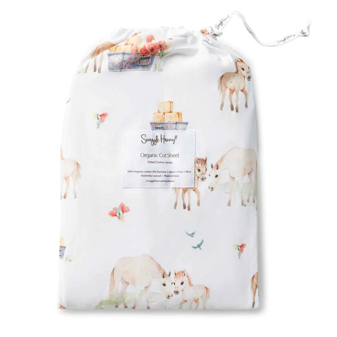 SNUGGLE HUNNY ORGANIC FITTED COT SHEET - PONY PALS