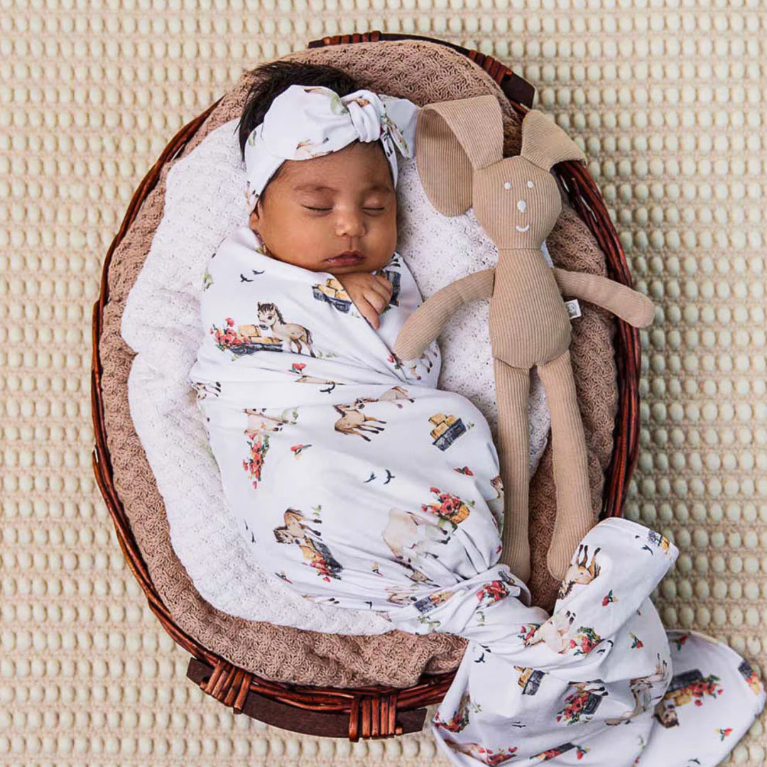 SNUGGLE HUNNY ORGANIC JERSEY WRAP AND TOPKNOT SET - PONY PALS