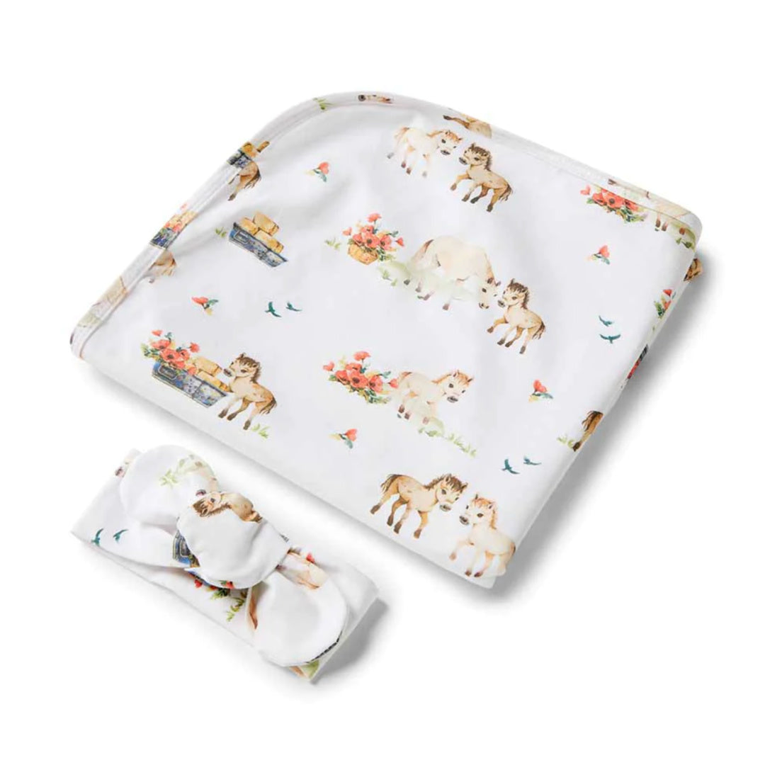 SNUGGLE HUNNY ORGANIC JERSEY WRAP AND TOPKNOT SET - PONY PALS