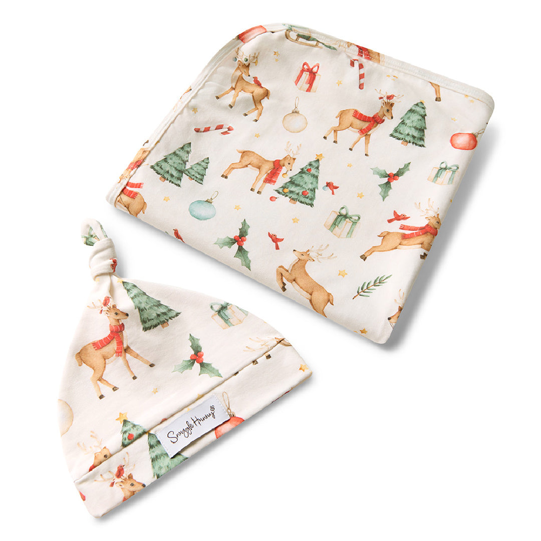 SNUGGLE HUNNY ORGANIC JERSEY WRAP AND BEANIE SET + MILESTONE CARD - PRANCER &amp; FRIENDS