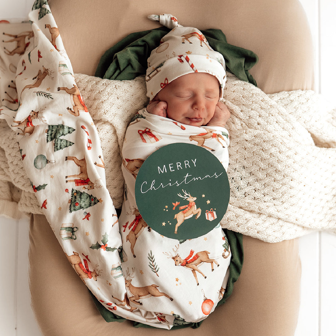 SNUGGLE HUNNY ORGANIC JERSEY WRAP AND BEANIE SET + MILESTONE CARD - PRANCER &amp; FRIENDS