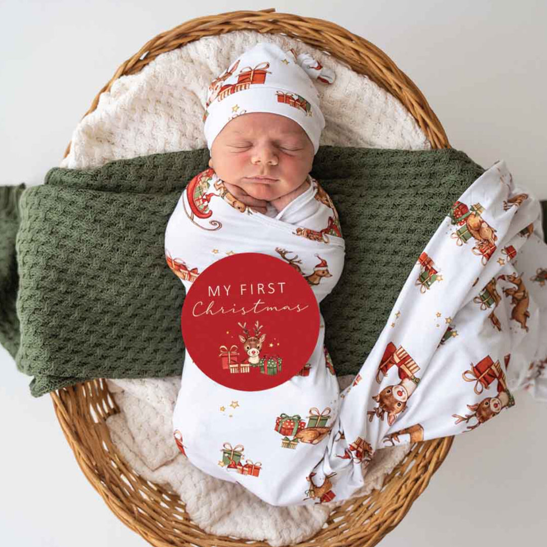 SNUGGLE HUNNY ORGANIC JERSEY WRAP AND BEANIE SET WITH MILESTONE CARD - REINDEER