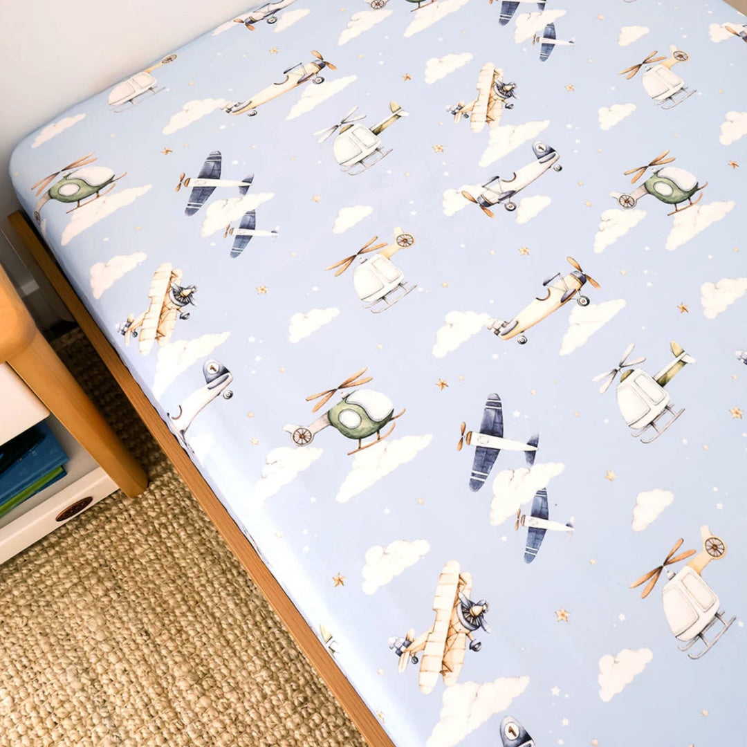 SNUGGLE HUNNY ORGANIC COTTON KING SINGLE BED FITTED SHEET - TAKING FLIGHT