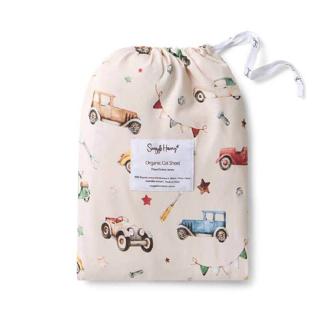 SNUGGLE HUNNY ORGANIC FITTED COT SHEET - VINTAGE CARS